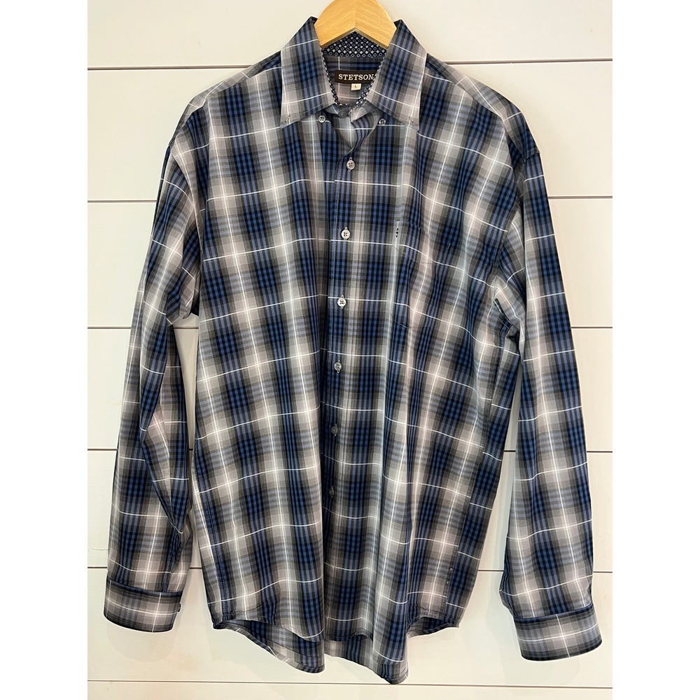 Stetson Mens Blue Grey Plaid Cotton Button Down Western Cowboy Shirt Large